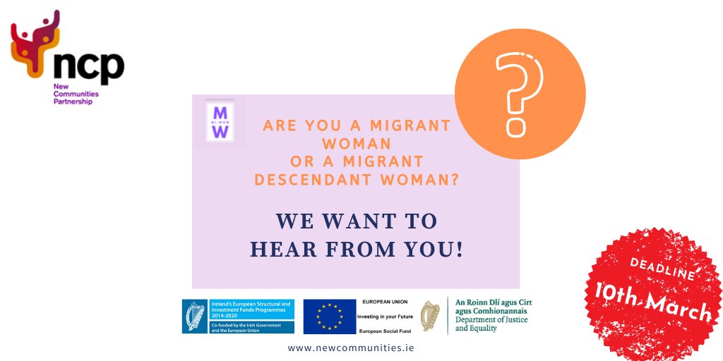 new_communities's tweet photo. The deadline to answer our survey is 10/03/2020! If you are a #MigrantWoman or #MigrantDescendantWoman living in #Ireland, we want to hear from YOU! https://t.co/MIxPegBTlB
#MiWOW #MigrantWomenOpportunitiesForWork #employment #equality #inclusion #Activelink #MigrantRightsIR https://t.co/QZxkrIdnJH