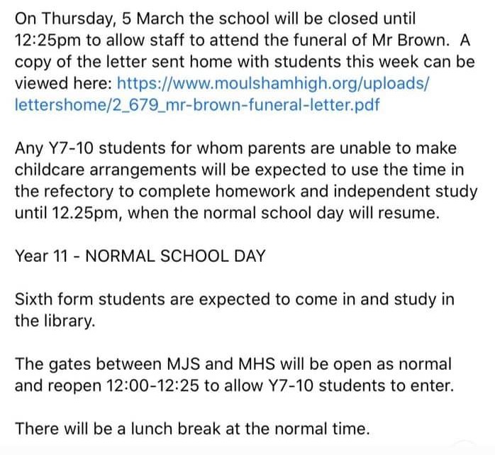 MoulshamHigh's tweet photo. Please be reminded of the arrangements for Thursday, 5 March, to allow staff to attend the funeral of Mr Brown.
The letter sent home to parents/carers last week can be viewed here: https://t.co/cBUIkW9Kjo https://t.co/k0x35jQJbT