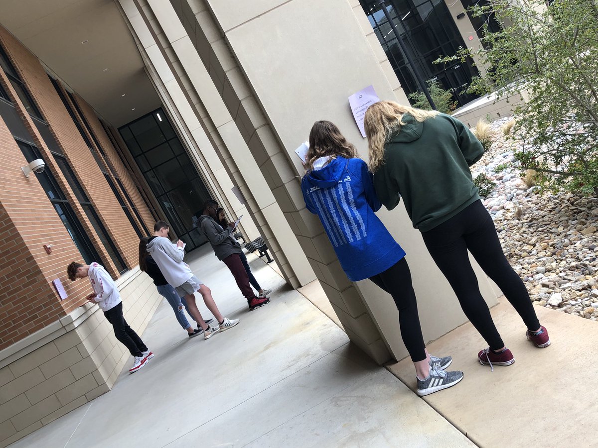 CoachOgroske's tweet photo. It might be starting to mist but B Day #PAPGeometry is enjoy the courtyard for a little Scavenger Hunt Review! @FISDSecmath @2018Memorial https://t.co/unE5TvPer8