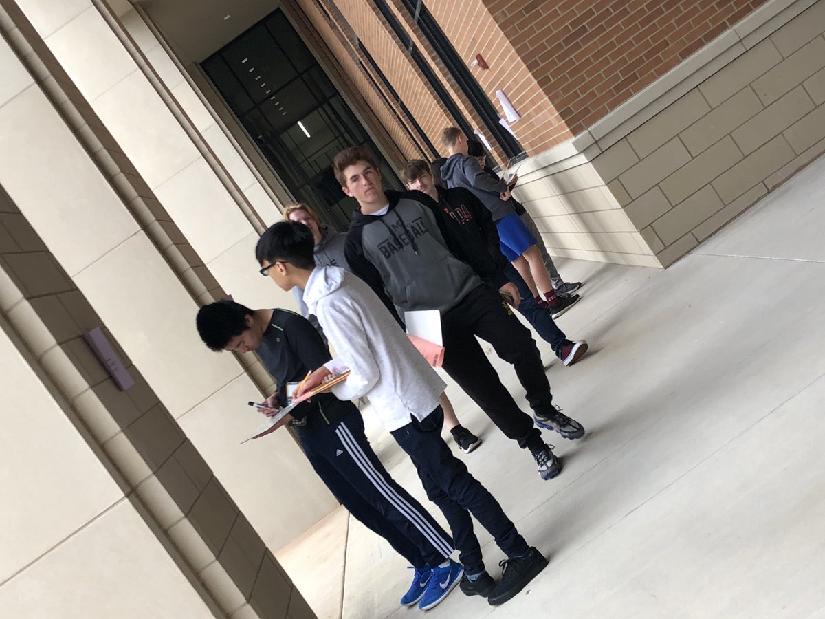 CoachOgroske's tweet photo. It might be starting to mist but B Day #PAPGeometry is enjoy the courtyard for a little Scavenger Hunt Review! @FISDSecmath @2018Memorial https://t.co/unE5TvPer8