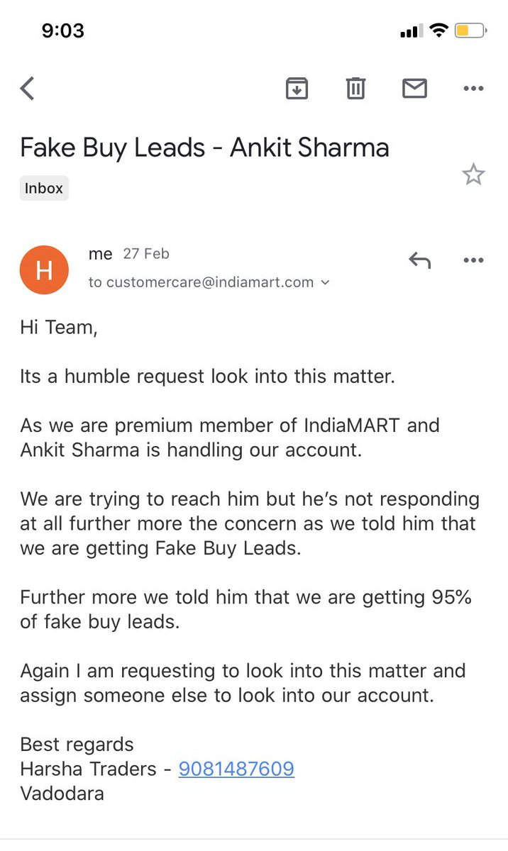 Hi TeamIts been more than 5 days I haven’t received any revert on the same! Everytime we are receiving Fake Buy lead! Its like why we have bought premium?Neither we are getting any support from your end is this a way to trear @IndiaMART @DineshAgarwal #indiamart #fake #IndiaMart