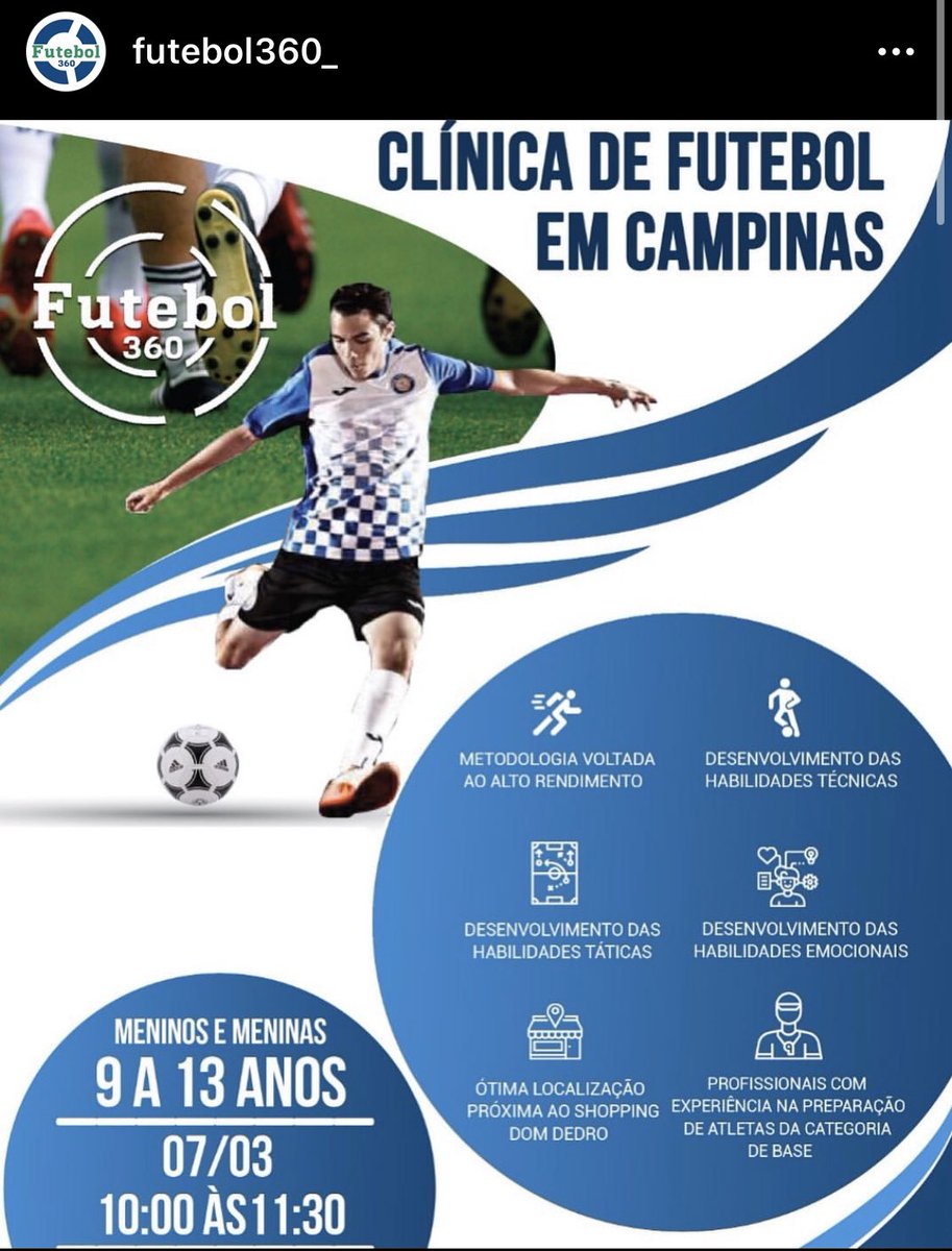 DigaoAAPP's tweet image. Clínica de Futebol em Campinas, garanta já sua vaga e venha fazer parte dessa sessão de treino que vai ajuda no desenvolvimento do seu filho, dentro e fora de Campo!! 
Inscrições na página do Instagram: 
instagram.com/futebol360_?ig…