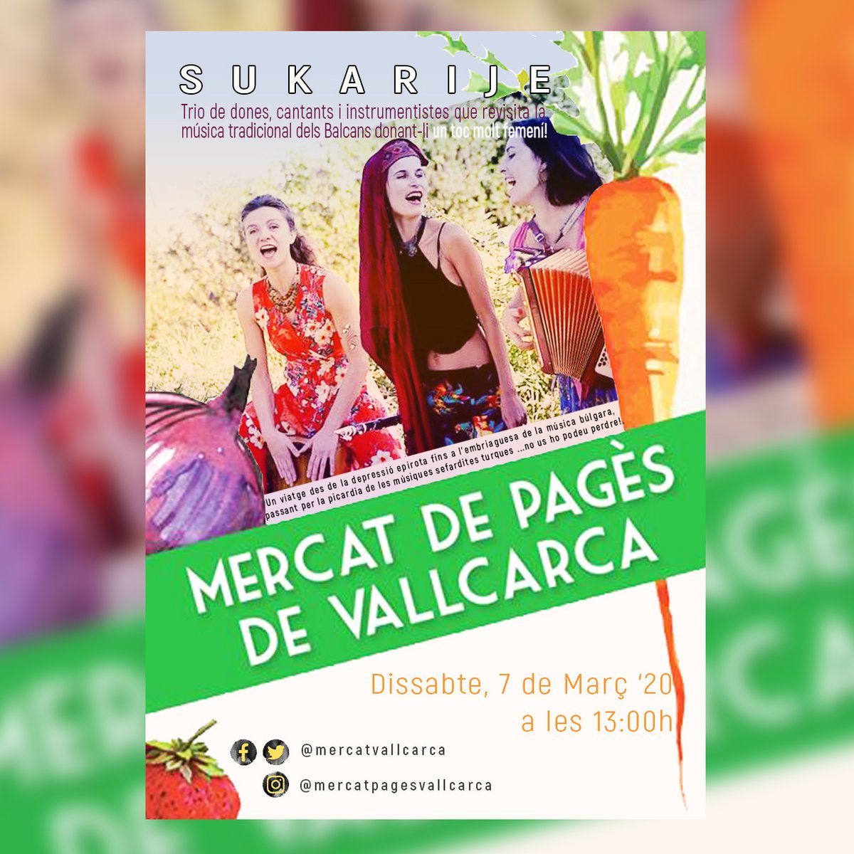 Dissabte 7 de març tindrem l'actuació en directe de Sukarije. Trio de dones cantants i instrumentistes que revisita la música tradicional dels Balcans, no us ho perdeu: a les 13.00 h al #VermutMusical del #MercatDePagès de #Vallcarca!