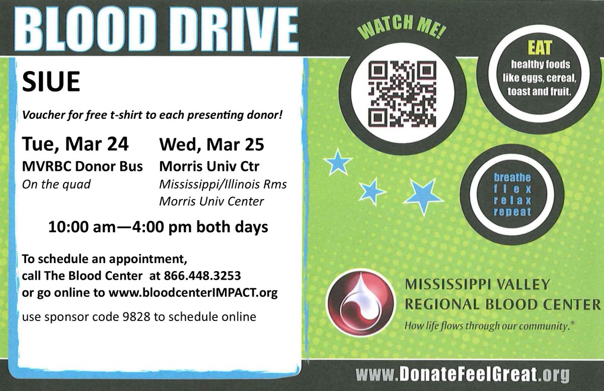 MVRBC is going to be on campus March 24th &amp; 25th! Join them by volunteering or donating blood. Schedule an appointment at bloodcenterIMPACT.org and use sponsor code 9828. To volunteer, please email Brittany Buchanan at bribuch@siue.edu. This event is open to all!