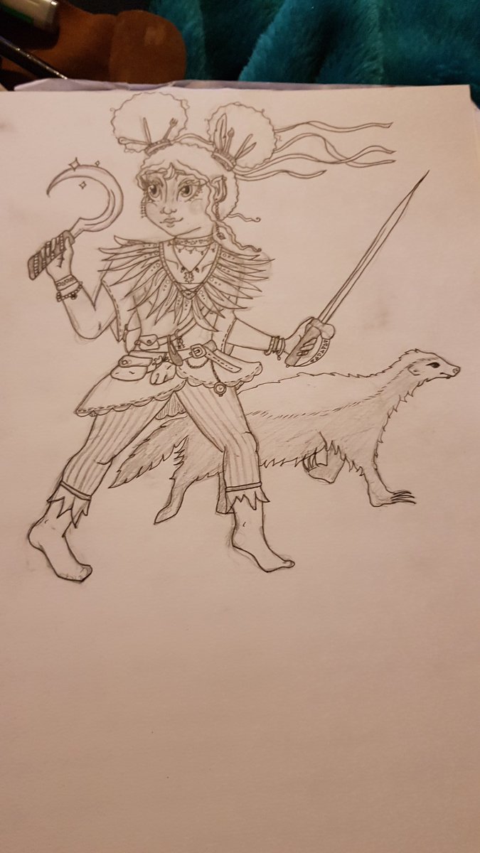 NantiAboutThat's tweet photo. I'm still colouring her, but here she is! Her name is Twyl Karawyn Folkor and her badger is Bumblebrook https://t.co/2qftUUPWl7