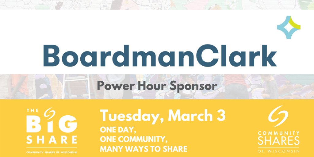 CommSharesWI's tweet photo. POWER HOUR: From 10-11AM on Tuesday, March 3, Boardman &amp; Clark LLP is sponsoring a Power Hour where nonprofits that raise the most dollars and have the most donors can each win an additional cash prize.

Donate during the Power Hour at https://t.co/Gqr2C13Rrb

#CSWBigShare https://t.co/nSpuq4ZyA3