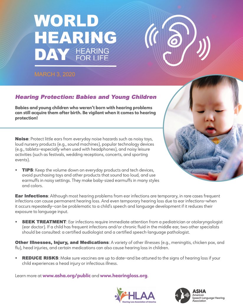 ASHAWeb's tweet photo. #WorldHearingDay fact: Babies and young children who weren’t born with hearing problems can still acquire them after birth. Be vigilant when it comes to hearing protection! https://t.co/o0SSatoIsU #slpeeps #audpeeps https://t.co/iAPPprA5KZ