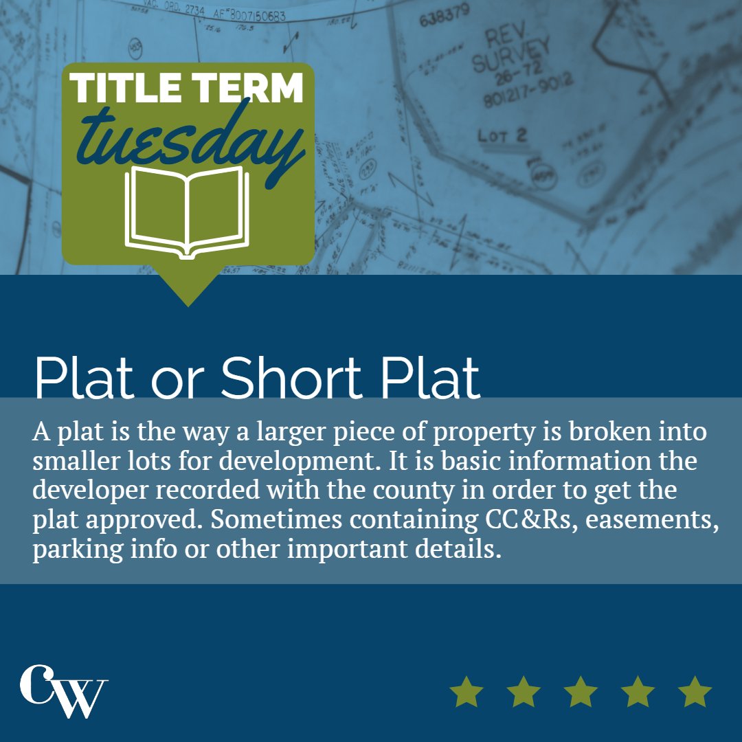 cwtitle's tweet photo. Its #titletermtuesday over at CW Title and Escrow! Today’s term is Plat (or Short Plat). 🗺️ 📍🏡
.
.
.
#cwtitle #cwtitletips #realestate #pnw #plat #shortplat #titleterms https://t.co/jc2MyvxXqc