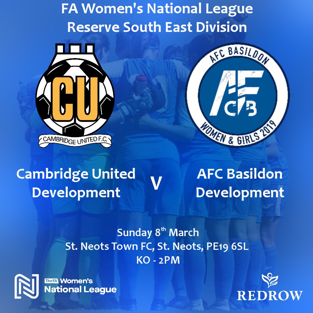 hashtagutdwomen's tweet photo. Our Development team plays @CambridgeUtdWFC Development this week. After playing at home last Sunday, we now face them at @StNeotsTownFC this Sunday in @FAWNL Reserve League SE Division.

KO - 2PM

#AFCBasildon
#WeAreNational
#OneClub
#Basildon https://t.co/ektdFJIwJv