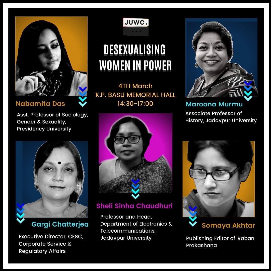 JUWC2020's tweet photo. Why are men afraid of a woman who is well dressed and equally opinionated? Why do they need to desexualize women in Power?
Join us as we seek answers to the above questions, on a panel with Nabamita Das, Maroona Murmu, Sheli Sinha Chaudhuri,  Somaya Akhter and Gargi Chatterjea. https://t.co/yZtqr7A8qo