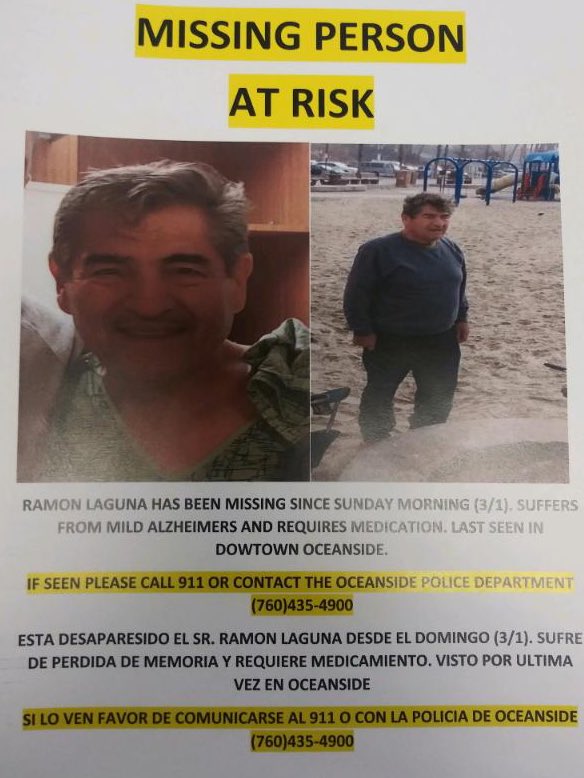 OsideBreakers's tweet photo. ‼️#ATRISK #MissingPerson ‼️

#RamonLaguna has been missing since 3/1, last seen in #Oceanside. Suffers from mild #Alzheimer /requires medication. Believed to making his way to #Tijuana &amp;no longer in the city

If seen contact @OceansidePD 
760. 435.4900

#repost https://t.co/Nl0LJbH5vK