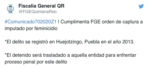 QRooEnPaz's tweet photo. Detiene FGE de Quintana Roo a feminicida.
https://t.co/lqgbJyPVN9 https://t.co/Q5iXDkxjNw