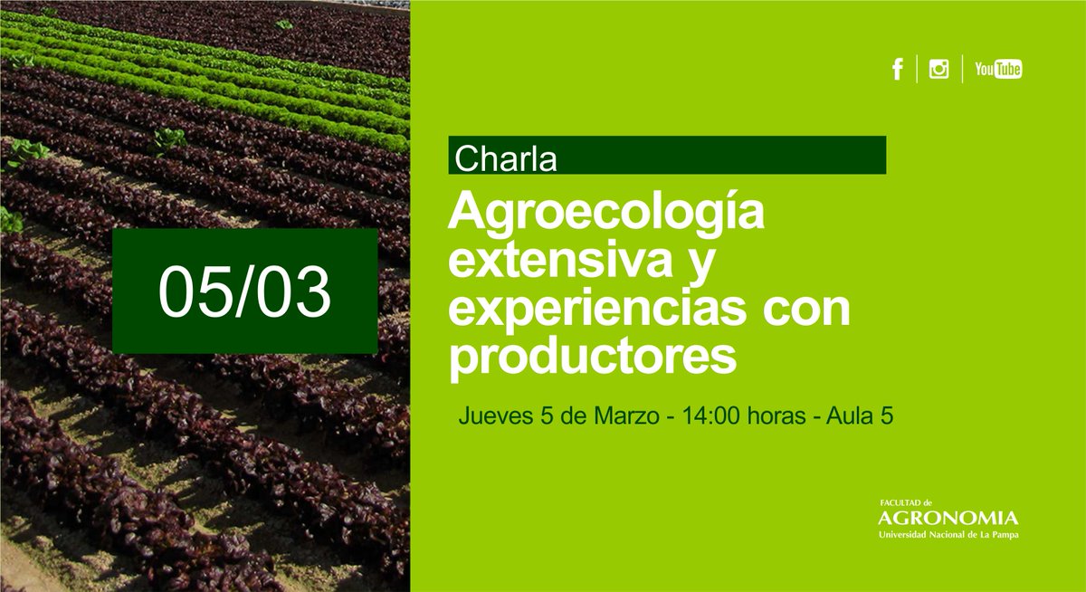 AgroUNLPam's tweet photo. CHARLA: Agroecología extensiva y experiencias con productores.
📆Jueves 5 de marzo 2020
⏰14 horas.
📌Aula 5. Facultad de Agronomía-UNLPam

Disertantes:
Ing. Agr. MSc Martín Zamora
Ing. Agr. Agustín Barbera
Chacra Experimental Integrada Barrow, Convenio INTA-Min. Des. Agrario BA. https://t.co/vtnHfCptOW