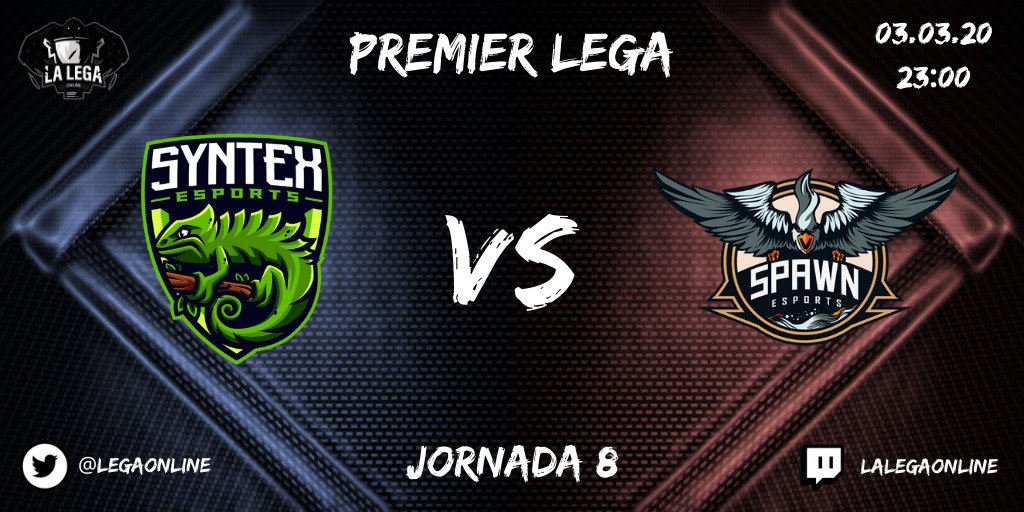 LegaOnline's tweet photo. En el segundo encuentro de la noche se enfrentarán estos animales en un nuevo partido de PremierLega. Cualquier cosa puede pasar en la tabla.
⏰23:00 @TeamSynTex🆚@Spawn_eSports
💻@yag012
🎙️ @ShadowLucyTTV
🎙️ @Cynox336
https://t.co/DRVIREcyoY
#LaLegaJ8 #LegaStream https://t.co/NJQq7061gW