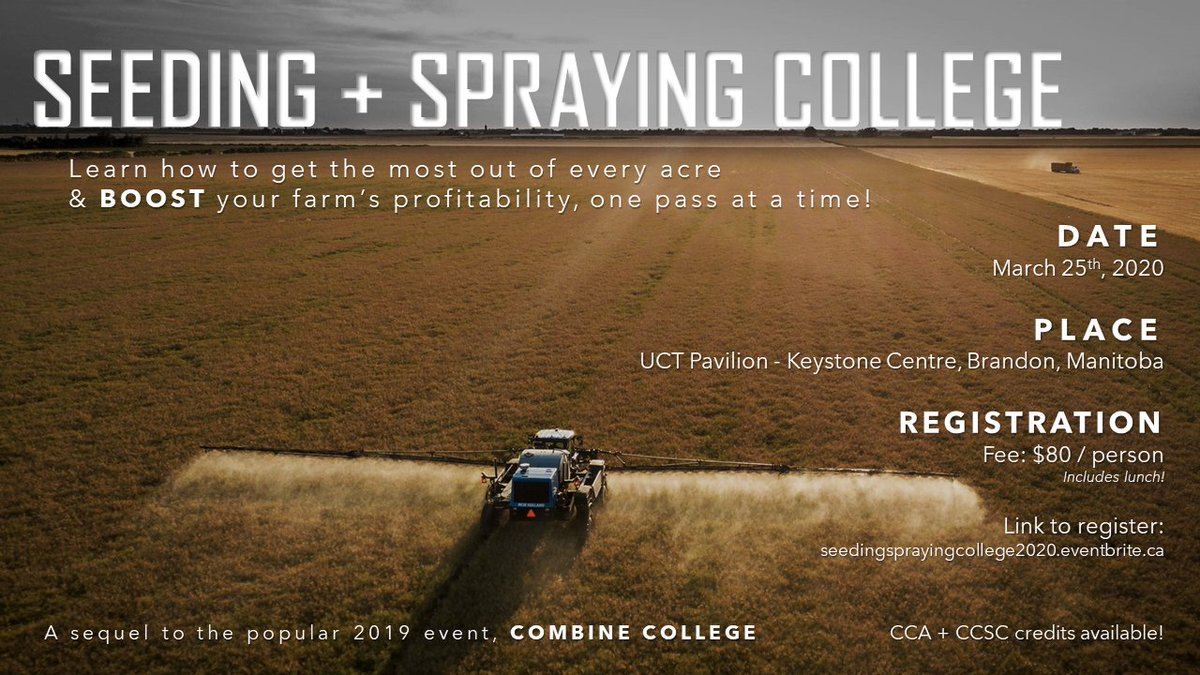RETWEET for a chance at a free #SeedingSprayingCollege pass! March 25th, Brandon MB. <a href="/CanolaGrowers/">Canola Growers</a> @MBCornGrowers @CanadaSunflower @MBwheatbarley 
eventbrite.ca/e/seeding-and-…
Equipment clinics, tradeshow, educational sessions, keynotes featuring <a href="/nozzle_guy/">Tom Wolf</a>, <a href="/deGronomist/">Curtis de Gooijer</a>, <a href="/JohnDeere/">John Deere USA</a>