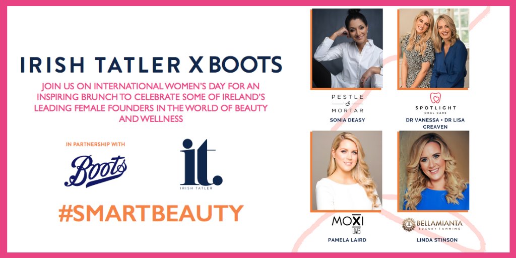 Mark #InternationalWomensDay by hearing the stories of four Irish beauty and wellness entrepreneurs. Tickets for this <a href="/irishtatler/">Irish Tatler</a> and @BootsIreland event this Sunday are €40 including bubbles, brunch and a beauty goody bag worth over €100; see bpmg.ie/product/irisht…