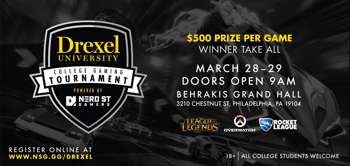 DrexelUniv's tweet photo. We are excited to announce the Drexel University College Gaming Tournament! 🎮 The event will take place on March 28-29 right here on campus and will include #Overwatch, #LeagueOfLegends and #RocketLeague tournaments. Details and registration ➡️ https://t.co/QsMUacXC1j https://t.co/zuQUHl2q41
