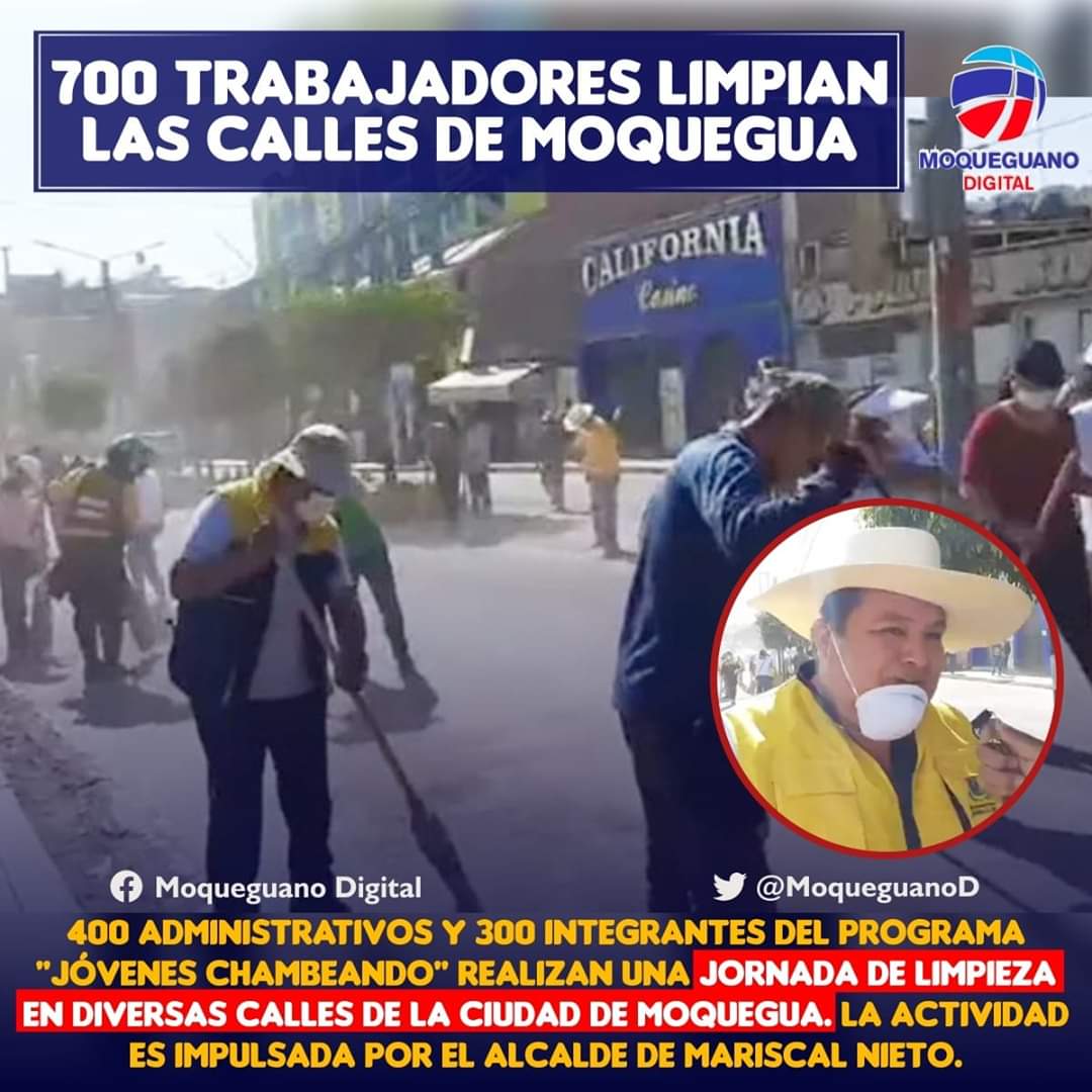 MoqueguanoD's tweet photo. #MOQUEGUA |MUNICIPIO DE MARISCAL NIETO DISPONE DE 700 TRABAJADORES ADMINISTRATIVOS PARA LIMPIAR LAS CALLES DE MOQUEGUA. https://t.co/xuGknG4OLq