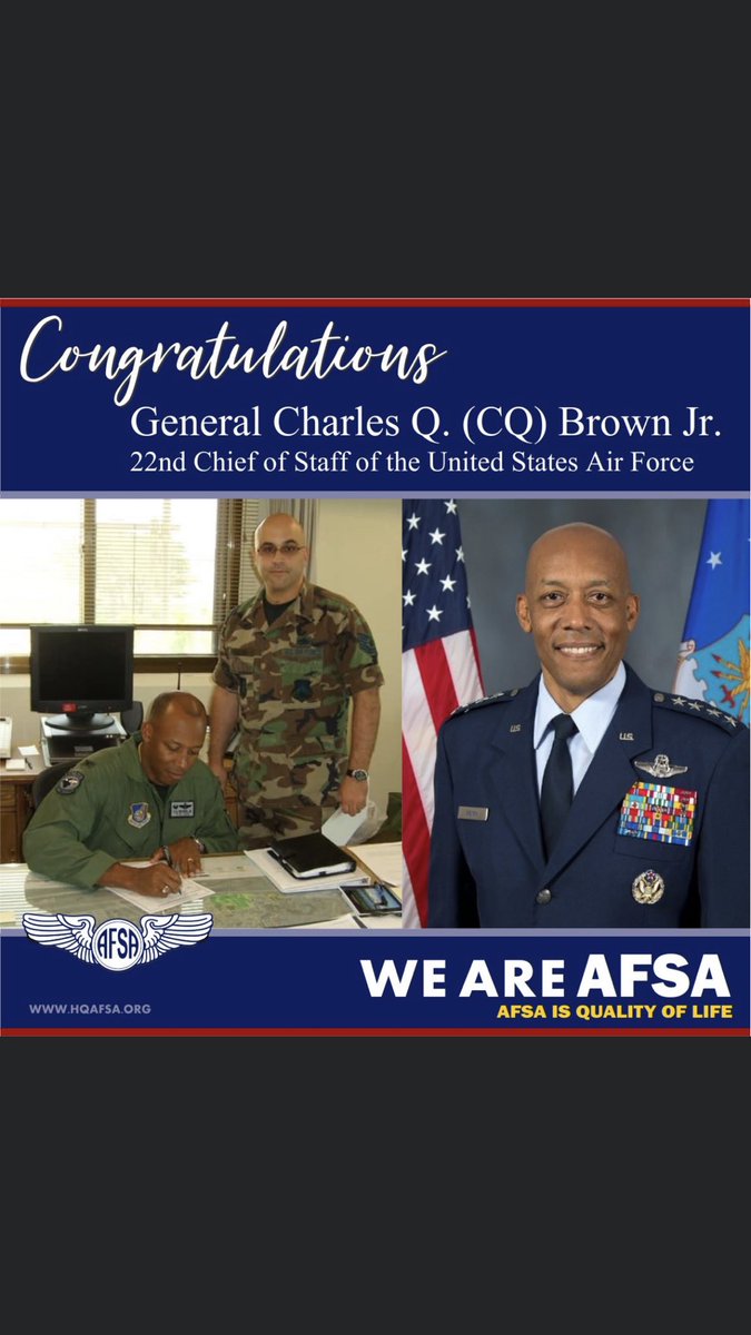 AFSAHQ's tweet photo. AFSA | On behalf of over 100,000 members, the Air Force Sergeants Association sends its personal congratulations to General Charles Q. (CQ) Brown Jr. on his Presidential nomination to become the 22nd Chief of Staff of the United States Air Force. 
#weareAFSA #22USAFCOS https://t.co/VeEdi3va3l