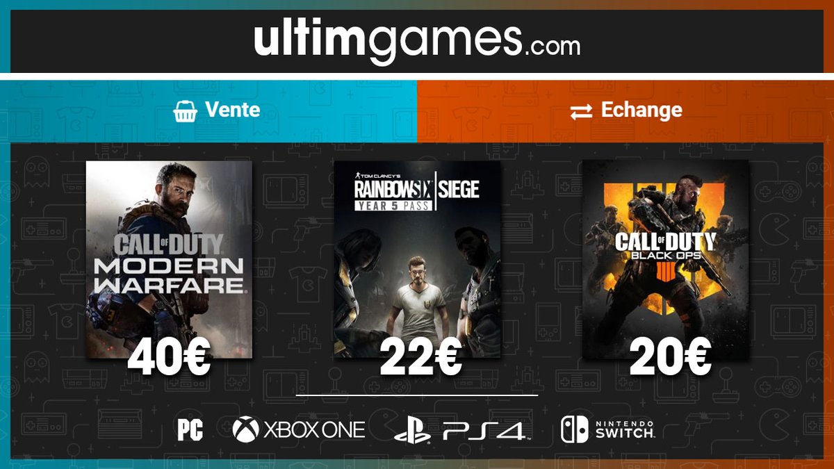 ultimgames's tweet photo. Et hop, les dernières offres de nos gamers :

Call Of Duty Modern Warfare PS4 pour 40€ : https://t.co/toAJimYYzR
Rainbow Six Siege Year 5 Pass PS4 pour 22€ : https://t.co/1xgIHuJ53X
Call of Duty: Black Ops 4 PS4 pour 20€ (négociable) : https://t.co/D36mk5heiO https://t.co/gbwutAkI0I