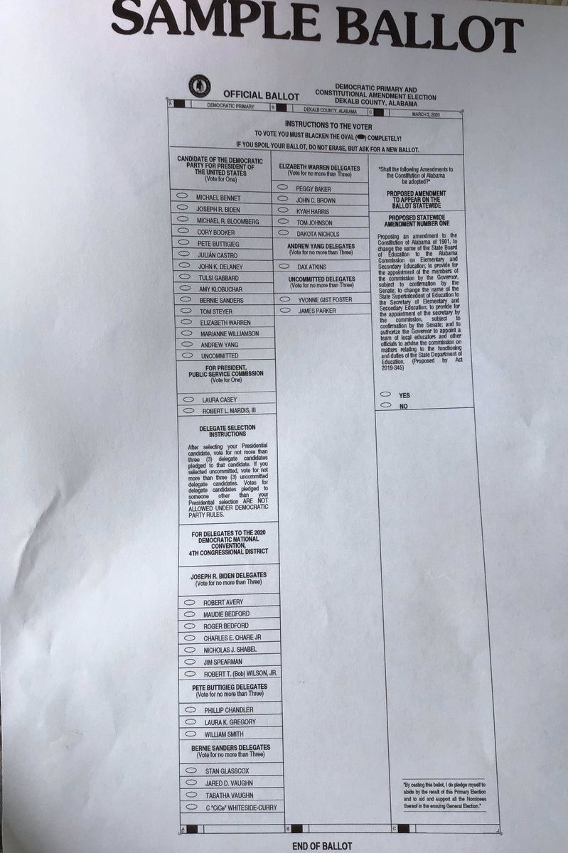 30ACTruth's tweet photo. #HateThisPrimary #WhatYallLeftUsWith in the end just really bums me out. Okay! It’s #SuperTuesday #AlabamaPrimary &amp; this is the ballot that we’re voting on today. I need some strategic help on the #AlabamaStateDelegates #StateDelegate #Delegates I can only choose 3 of them. https://t.co/h31HjKaWBT