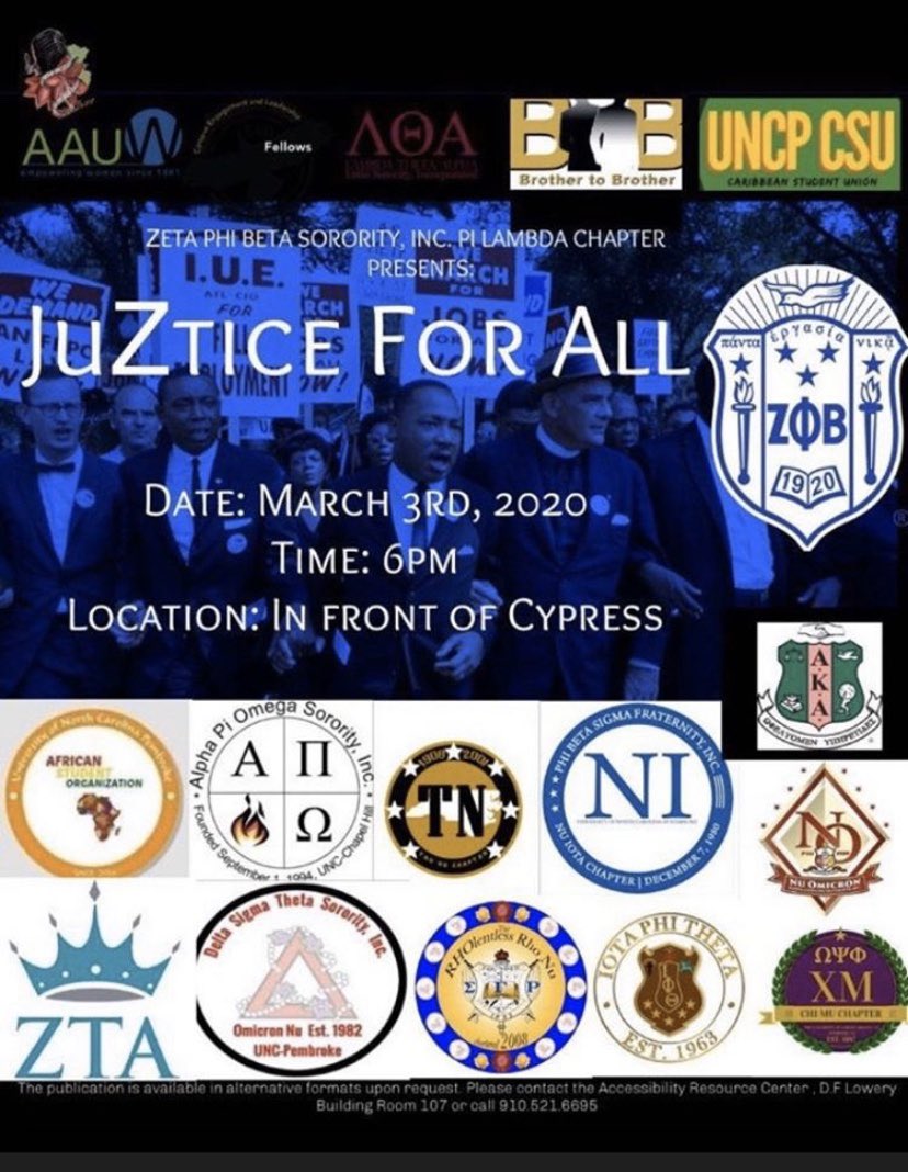 UNCPcsu's tweet photo. Super grateful to be one of the organizations to be apart of UNCP’s @Pilambda_zetas “JuZtice For All” COME OUT TODAY AND MARCH! https://t.co/OabYuThYPM