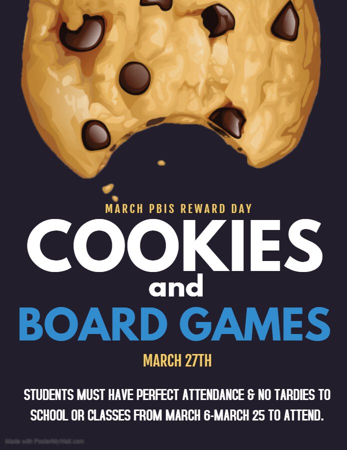 March #PBIS Reward Day <a href="/ArmucheeHigh/">Armuchee High School</a>! Come enjoy cookies &amp; milk and a variety of board games on March 27th. Must have PERFECT attendance and ZERO tardies to school or classes (3/6-3/25) to attend!   #TRIBE4LIFE 🍪🎲♟