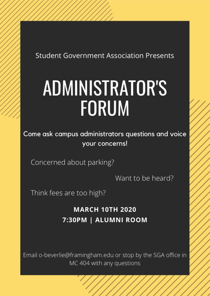 FSUStudentGov's tweet image. Got a concern you want addressed by administration? Come to administrators forum next Tuesday March 10th in the alumni room at 7:30.