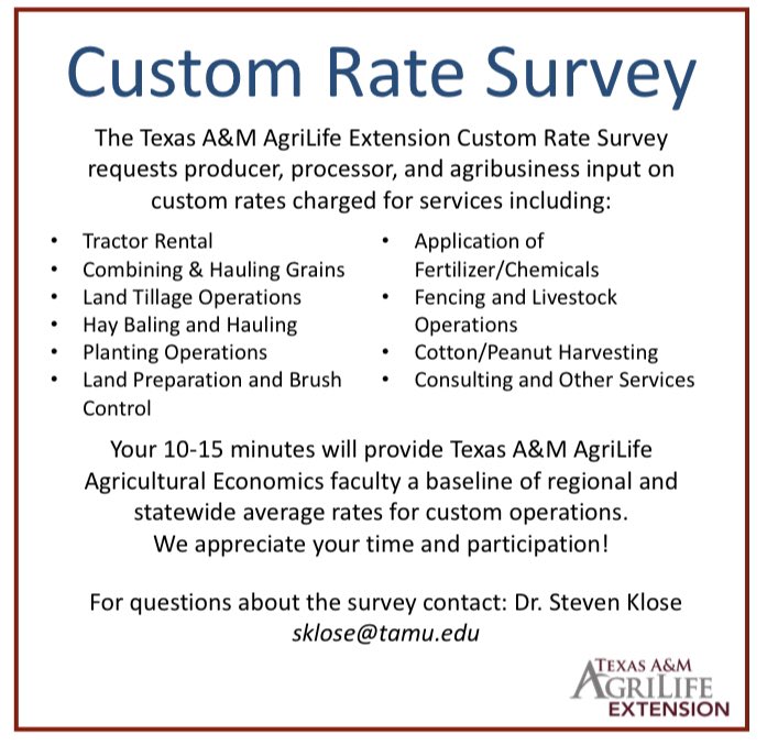 Its Custom Rate Survey time again! We value your input and time in helping us develop these results! If you’re interested in participating it only takes 10-15 minutes on your phone or desktop! agrilife.az1.qualtrics.com/jfe/form/SV_6f… <a href="/txextension/">Texas A&M AgriLife Extension Service</a> <a href="/AgEcoEXT/">Texas A&M Extension Agricultural Economics</a> <a href="/a_agrilife/">Texas A&M AgriLife - Amarillo</a>