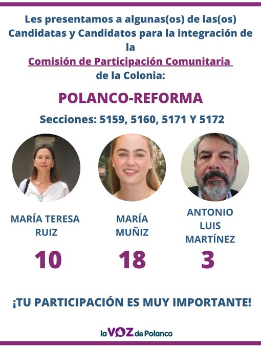 Aquí algunxs de nuestrxs candidatxs para la elección de las #COPACOS de la Colonia Polanco-Reforma. Ejerce tu voto del 8 al 12 de marzo vía electrónica o bien el domingo 15 de marzo de manera presencial. No te quedes sin participar!