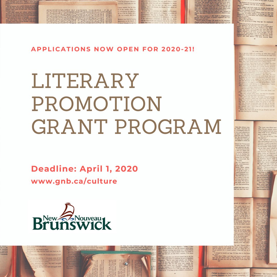 ArtsCultureNB's tweet photo. 📖 LITERARY PROMOTION 📖
2020-2021 guidelines and application forms are available. Literary promotion grant program is open for application! https://t.co/t9eVdq7Iax 

#ArtsCultureNB #LiteraryPromotion https://t.co/UqXOABjzDp
