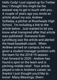 VTCody's tweet photo. Just under two years ago, I wrote a story on @Baseball4RHS pitcher Andrew Golladay and his fight with Hirayama disease. Woke up this morning to this message from his mother, Sherri. Just awesome. https://t.co/MpNZCx1Abj https://t.co/6kFe0mRFEd