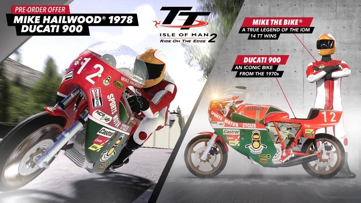Experience vintage racing with the addition of classic bikes to TT Isle of Man 2! Reign in the Norton NRS 588, Suzuki XR69, Yamaha TZ 750, and more on March 19th.
If you pre-order TT2, you'll receive Mike Hailwood as a rider and his iconic Ducati 900. https://t.co/fa6uDgUKkL https://t.co/n7pd1XadTd
