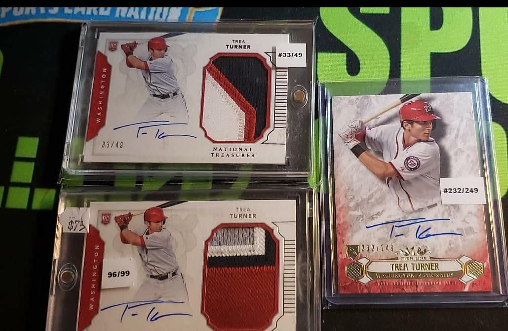 newmsportscards's tweet photo. TAKE 15% off listed prices:
Trea Turner Autopalooza:
2016 National Treasures #203 RPA 3-Color 33/49 $59

2016 National Treasures #203 RPA 4-Color 96/99 $49

2015 Inception $20
2017 Inception Jumbo Patch Auto BGS 10 $105

#treaturner #rpa #baseballcards #TheHobby https://t.co/A2FLVj53El
