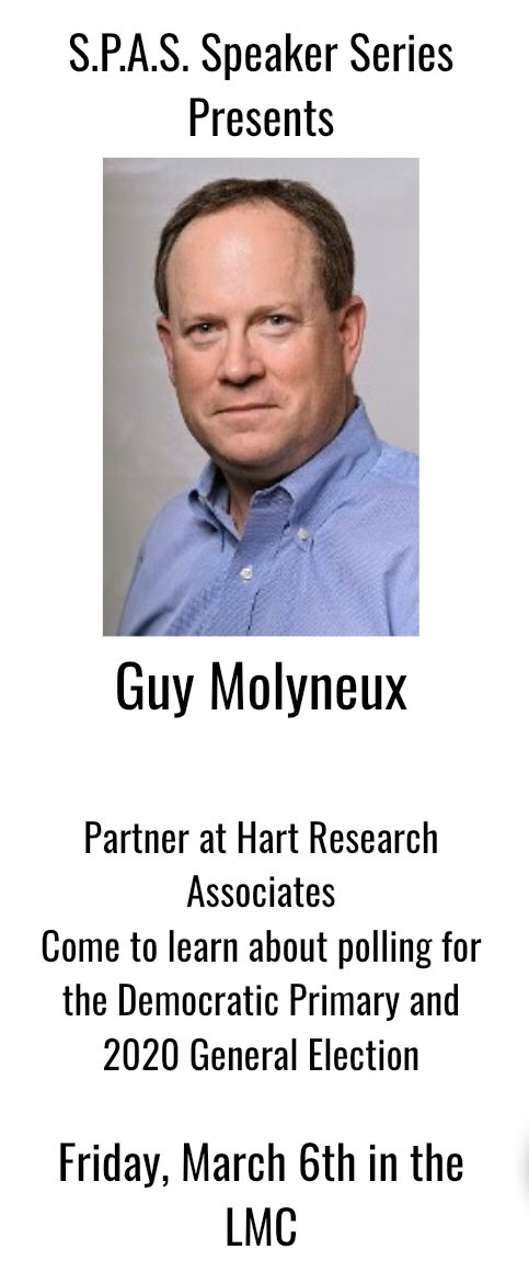 bchsspas's tweet photo. This Friday, March 6th (2:15 in the LMC) SPAS is hosting Guy Molyneux from Hart Research. Guy is a former BC grad; he will be speaking about polling in the upcoming election + social change work he has done. Join us for an exciting presentation! 🌍 https://t.co/YoahnpikFk