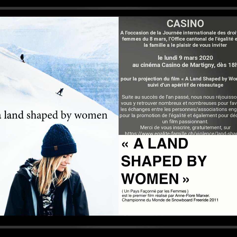 MARTIGNY VALAIS !! 
9 mars 18h00 au cinéma Casino de Martigny. 
L’Office Cantonal de l'Egalité et de la Famille invite les associations féminines, les femmes et toutes les personnes engagées pour l’égalité entre femmes et hommes :)
miniurl.be/r-2un0