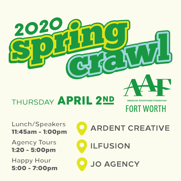 AAFFortWorth's tweet photo. Calling all students! Our Spring Agency Crawl is on Thursday, April 2! Tickets are on sale now at https://t.co/btXhdvHYrK. https://t.co/i9JviiRqUv