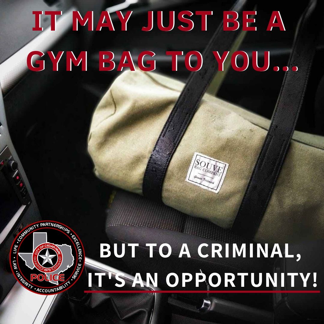 CedarParkPD's tweet photo. TAKE. LOCK. HIDE.

As the weather warms up ☀️criminals become more active.
🔑Take your keys &amp; valuables every time you exit your vehicle 
🔒Always lock your car
👜Take (or hide) your belongings 

Help prevent car break-ins and report any suspicious activity to police 📱👮 https://t.co/9F9xwzCGma