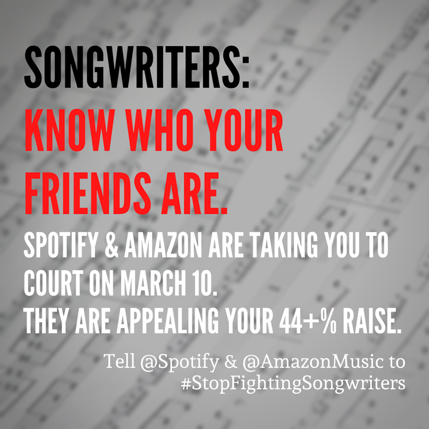 ATTN: #Songwriters! Spotify & Amazon have filed for an appeal of your 44% rate increase from the Copyright Royalty Board. Join us as we stand with the @NMPAorg to call on @Spotify and @amazonmusic to #StopFightingSongwriters. 💪