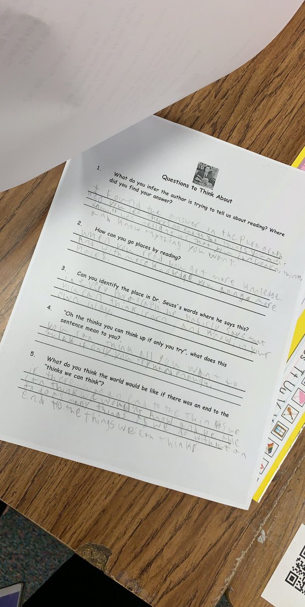 VanesaRDuran's tweet photo. I am always in awe of the different answers my scholars come up with. We annotated one section of “Oh the Places You’ll Go” as a class and then they annotated their own and answered the different leveled questions! @HaysSTEAMshines @ECISD_AVID4ALL #shineAVID https://t.co/KFMwiyKJN7