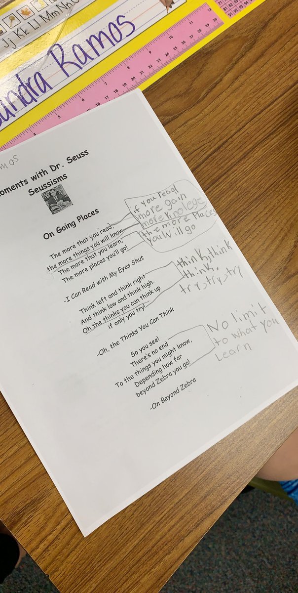 VanesaRDuran's tweet photo. I am always in awe of the different answers my scholars come up with. We annotated one section of “Oh the Places You’ll Go” as a class and then they annotated their own and answered the different leveled questions! @HaysSTEAMshines @ECISD_AVID4ALL #shineAVID https://t.co/KFMwiyKJN7