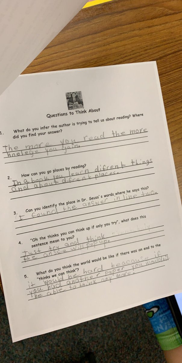 VanesaRDuran's tweet photo. I am always in awe of the different answers my scholars come up with. We annotated one section of “Oh the Places You’ll Go” as a class and then they annotated their own and answered the different leveled questions! @HaysSTEAMshines @ECISD_AVID4ALL #shineAVID https://t.co/KFMwiyKJN7