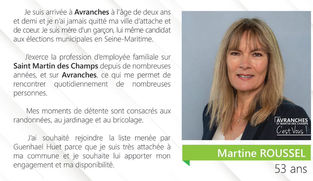 AvranchesC's tweet photo. Présentation de Martine Roussel, membre de la liste Avranches - Saint Martin Des Champs c'est vous

#Election2020 #Municipales2020  #avranches #saintmartindeschamps #avranchessaintmartincestvous #manche #municipalesavranches #municipalessaintmartindeschamps https://t.co/qb3Ka6IkRv