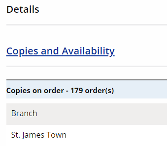 TPLWendy's tweet photo. @CromartyHeather @torontolibrary *psst* the answer is: 179 - if you wait a while and scroll down in the catalogue record, the # of books on order should show, like: https://t.co/qqmApDq6pX
