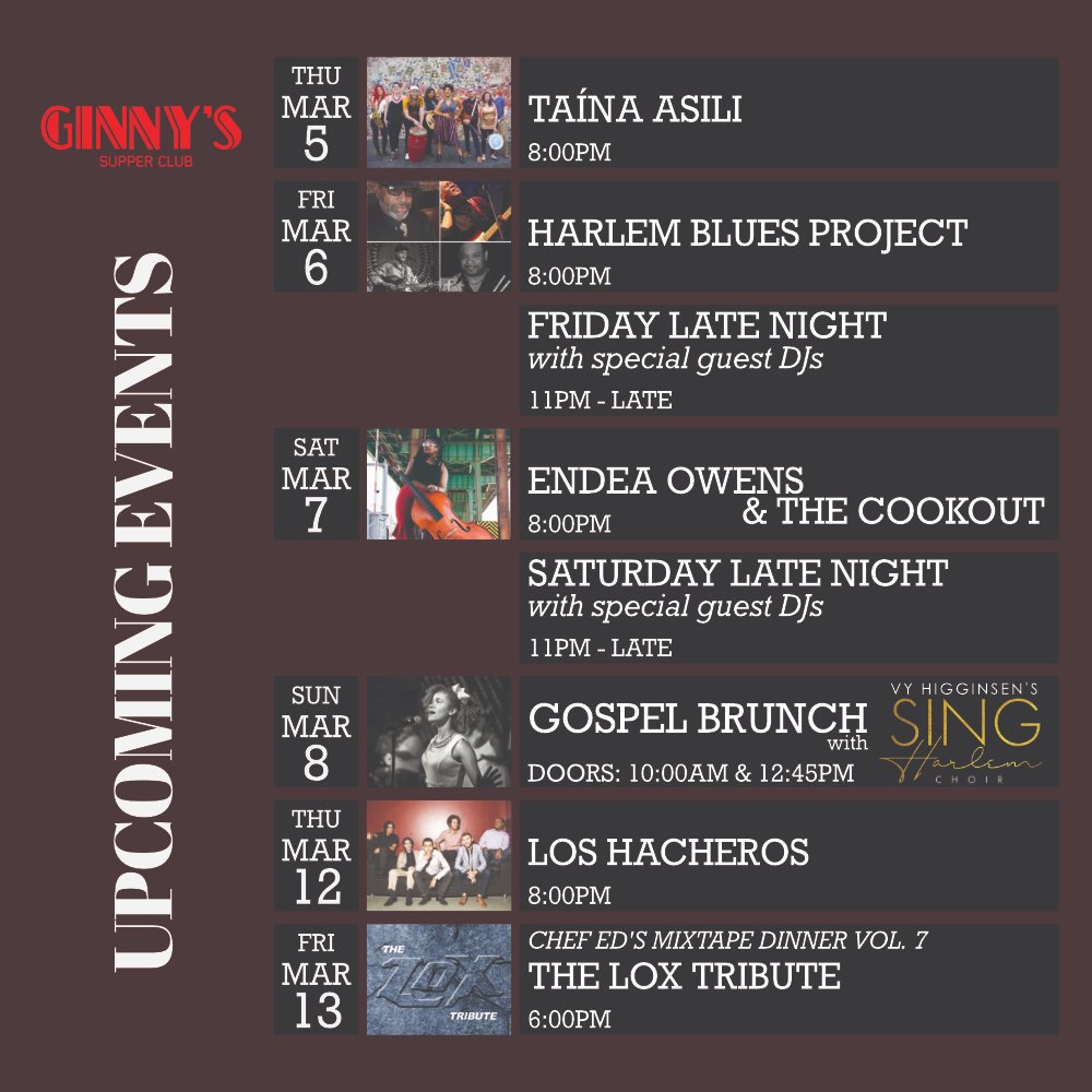 GinnysHarlem's tweet photo. We're kicking off #WomensHistoryMonth with performances by some incredibly talented ladies including Taina Asili's energetic Afro-Latin fusion and Endea Owens' cookout inspired jazz. Tickets are $15 online and $20 at the door. #harlem #livemusic #ginnyssupperclub https://t.co/iDecCPnViy