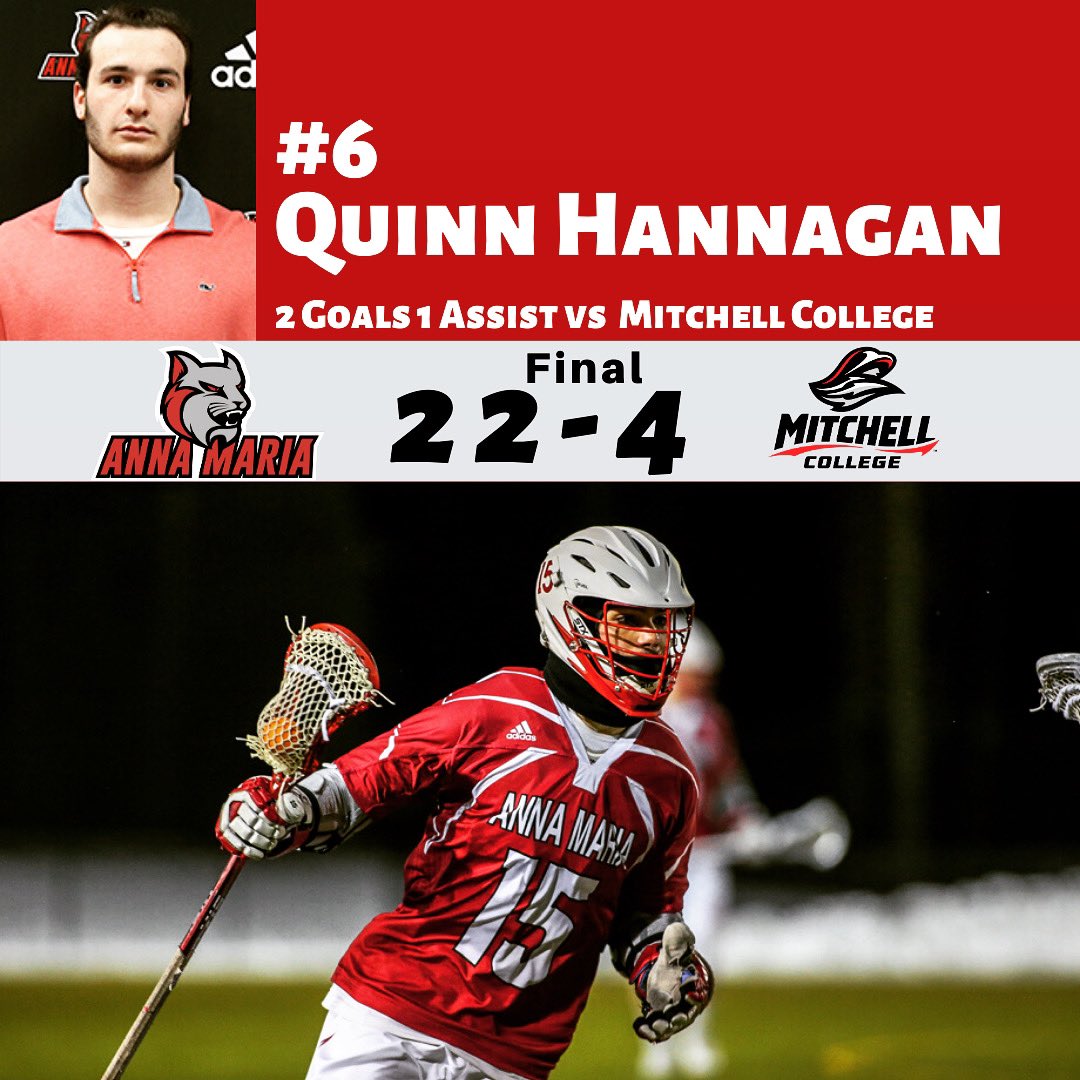 2018 Grad Quinn Hannagan with 2goals and 1assist to help the Anna Maria College Bobcats best the Mitchell College Mariners 22-4