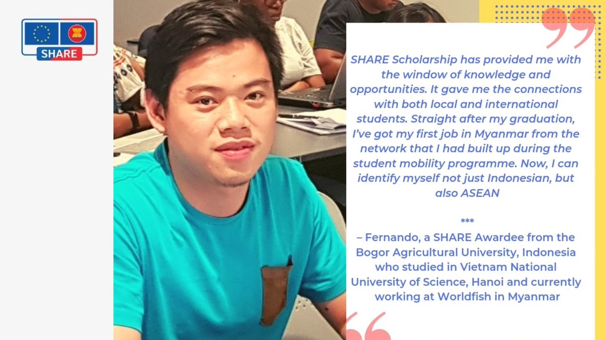 EUinASEAN's tweet photo. #MotivationMonday โ Fernando is an Indonesian who studied ๐จ๐ปโ๐ปin Hanoi for one semester under the EU #SHAREscholarshipย scheme. This has helped him to land his first job overseas. Where? Read his testimony๐๐ฟ
#EUandASEAN #StudentMobility #EUSHAREย #SHAREprogramme #SHAREalumni https://t.co/xmVWMgwSVb