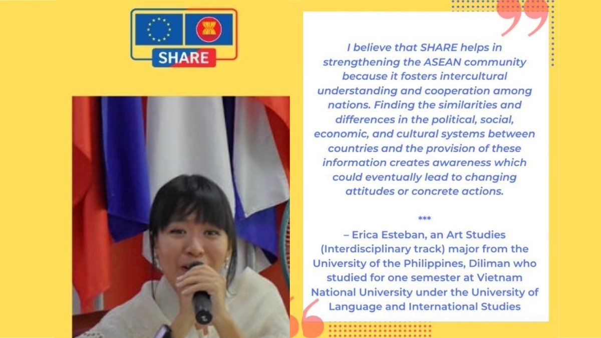 EUinASEAN's tweet photo. #MotivationMonday โ Erica is a #SHAREAwardeeย batch 2 ๐ฉ๐ปโ๐ป She is convinced that EU SHARE helps in strengthening the ASEAN community. Read her testimony ๐๐ฟ
#EUandASEAN #SHAREscholarship https://t.co/esi2zQcW4J
