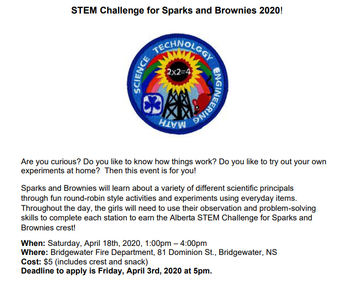 ggcnsstem's tweet photo. Calling all NS Sparks and Brownies! STEM Challenge April 18th in Bridgewater!! More info here: https://t.co/ETRLJ1Dymo 
@GGCNovaScotia https://t.co/M80MtNUjkp