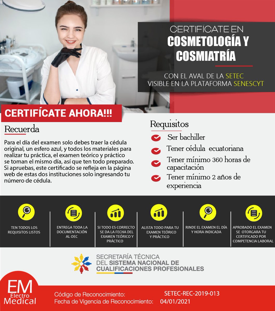 ✨Certifícate en Cosmetología y Cosmiatría✨🤓
Si eres profesional no dejes pasar esta oportunidad 🎓🎊🤩

Somos ORGANISMO EVALUADOR DE LA CONFORMIDAD EN EL ECUADOR.

Contáctanos para mas información:
bit.ly/info_certifica…
025106765 / 0984963635 / 0995298045